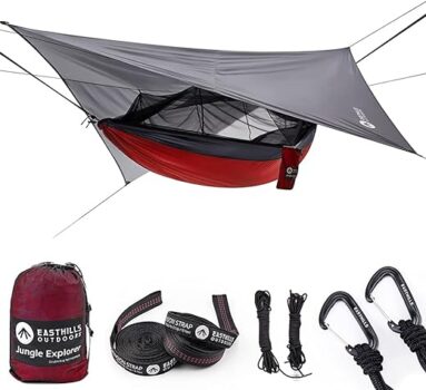 Easthills Outdoors Jungle Explorer 118" x 79" Double Camping Hammock Lightweight Ripstop Parachute Nylon 2 Person Hammocks with Removable Bug Net, Tree Straps and Tarp Red