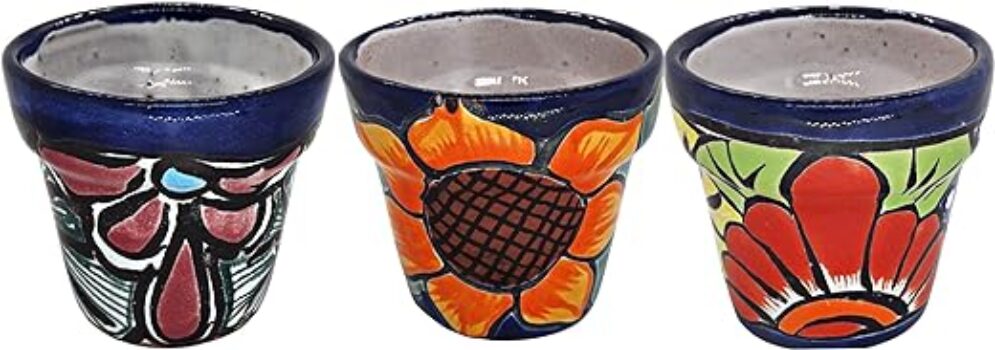 MEXTEQUIL - Mexican Pottery Planters - Set of 3 Pieces - Talavera Pottery - Succulent Pot Planter Flower Hand-Painted (3.1" Flowers)